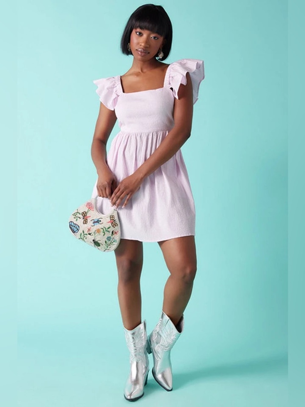 NWT Francesca’s Miami Lilac Smocked Mini Dress with Ruffle Cap Sleeves Large